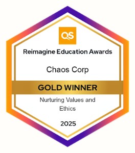 Gold winner badge - QS Reimagine Education Awards 2025, Chaos Corp, nurturing values and ethics