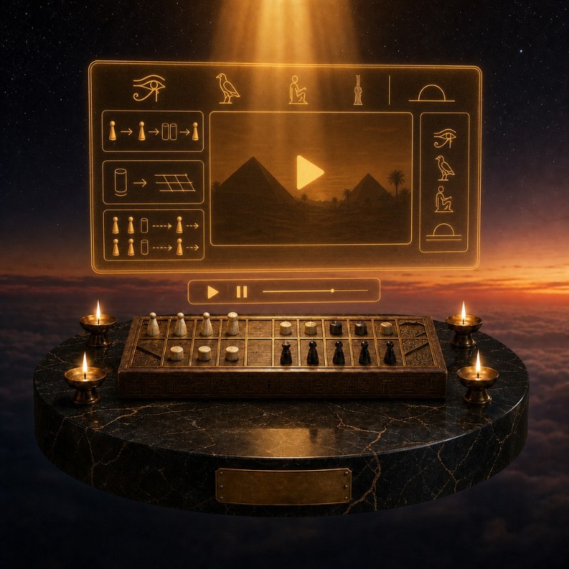 Senet exhibit with an amber holographic information card