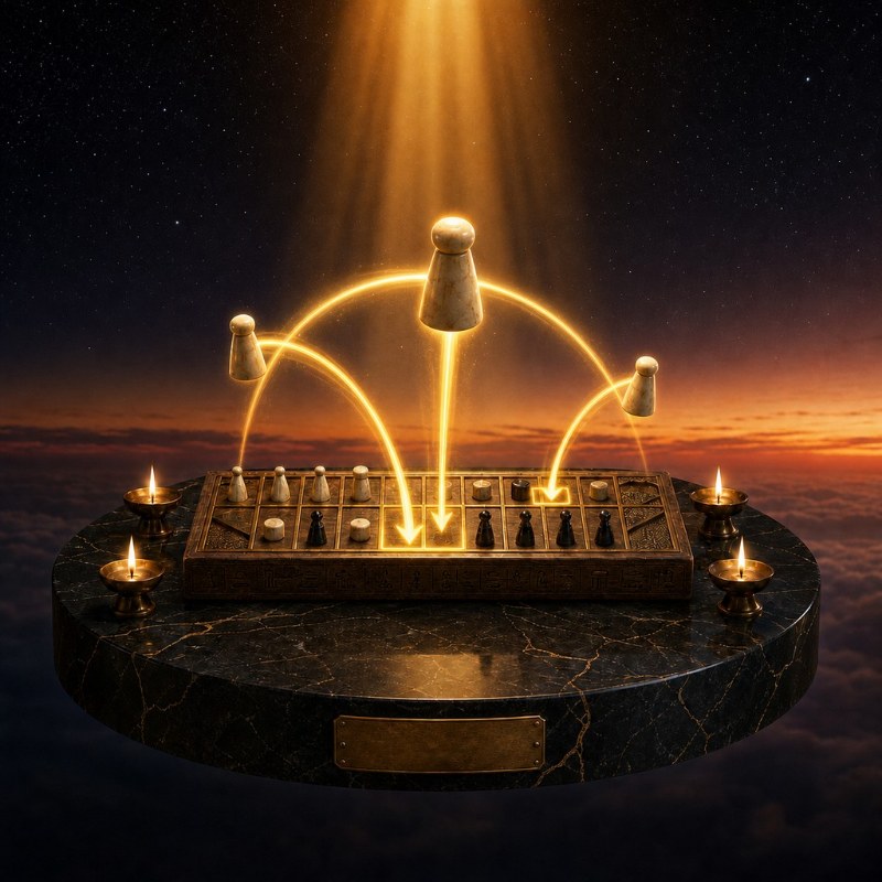 Senet pieces moving themselves with golden motion trails