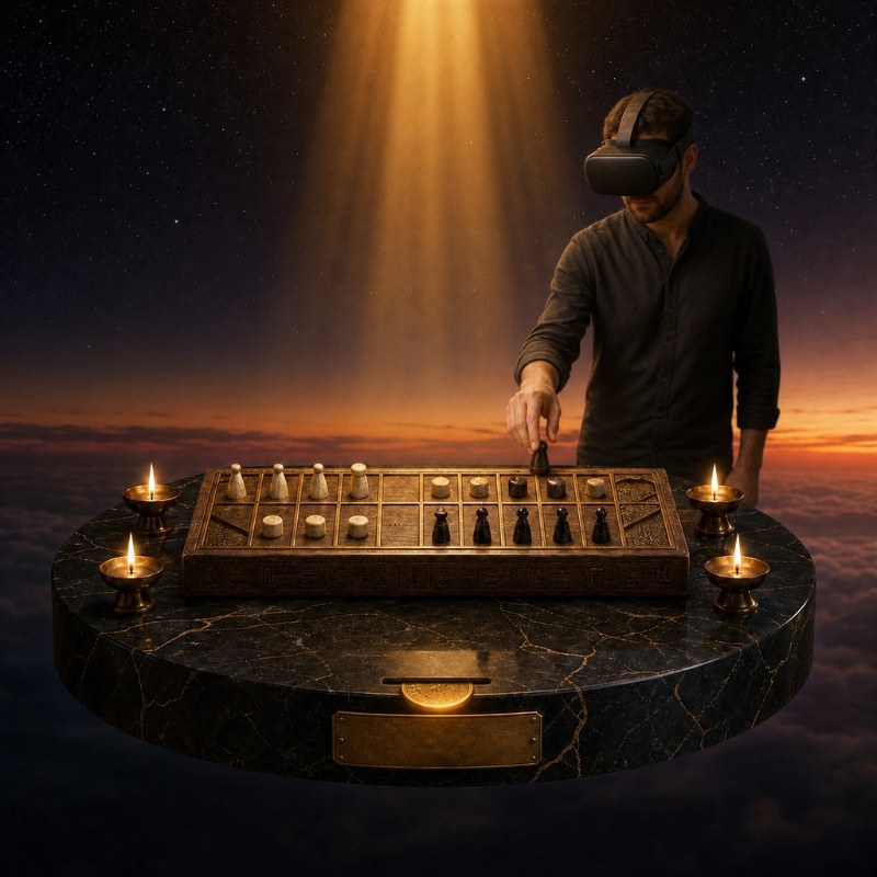 A VR visitor plays Senet using a museum token